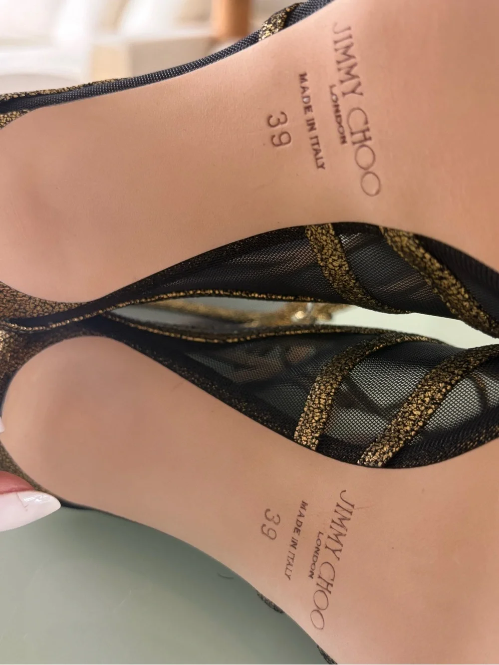 Jimmy Choo Gold Glitter Lace-Up Mesh Stiletto Sandals - Picture 7 of 8